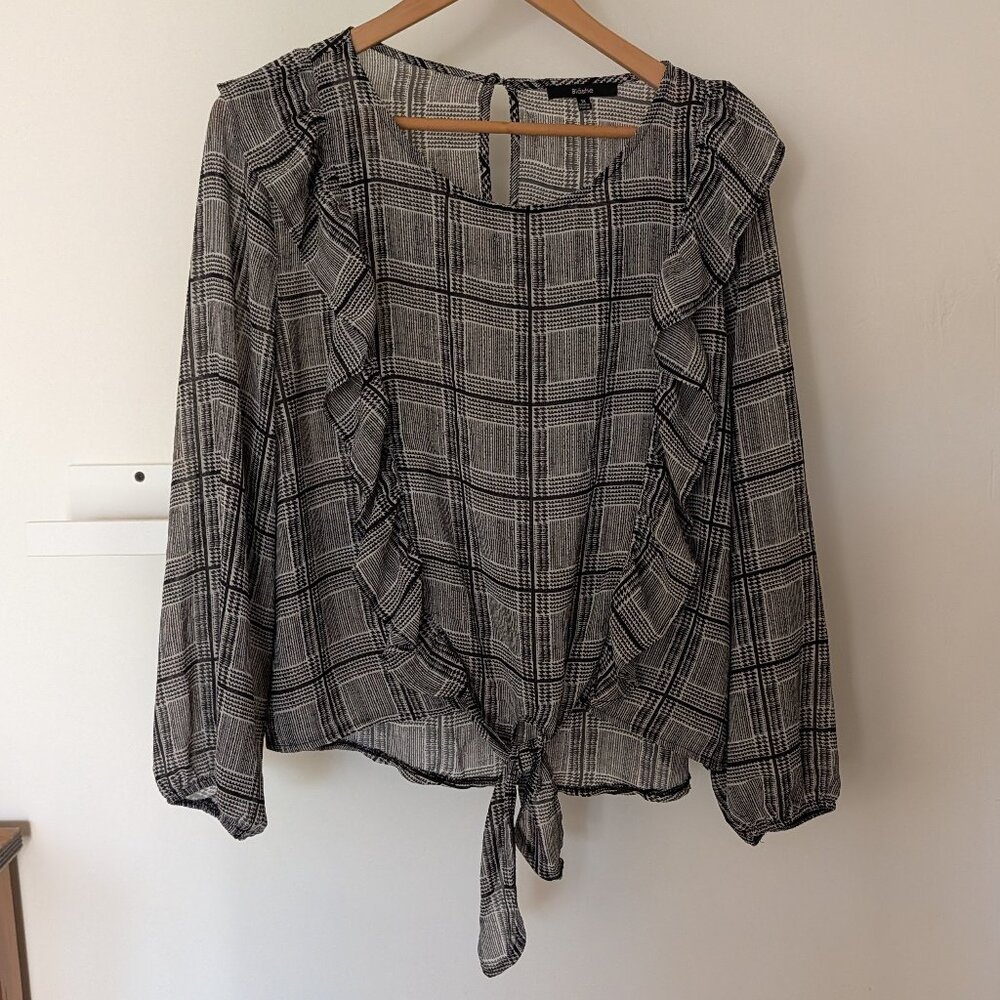 Blashe Women's Sheer Blouse Plus 1X Houndstooth Black White Ruffles Long Sleeve